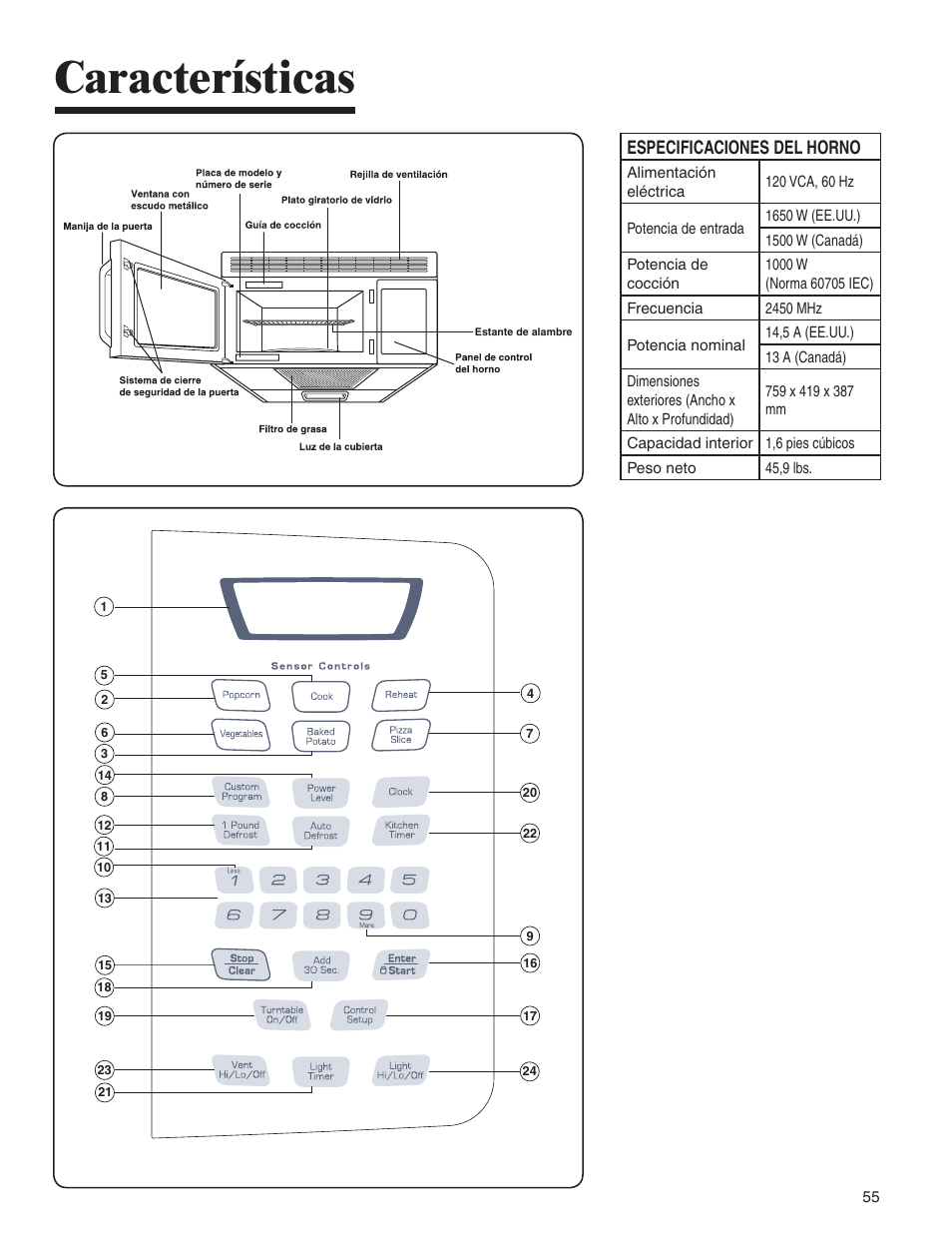 Características, Especificaciones del horno | Amana AMV5164BA/BC User Manual | Page 55 / 72