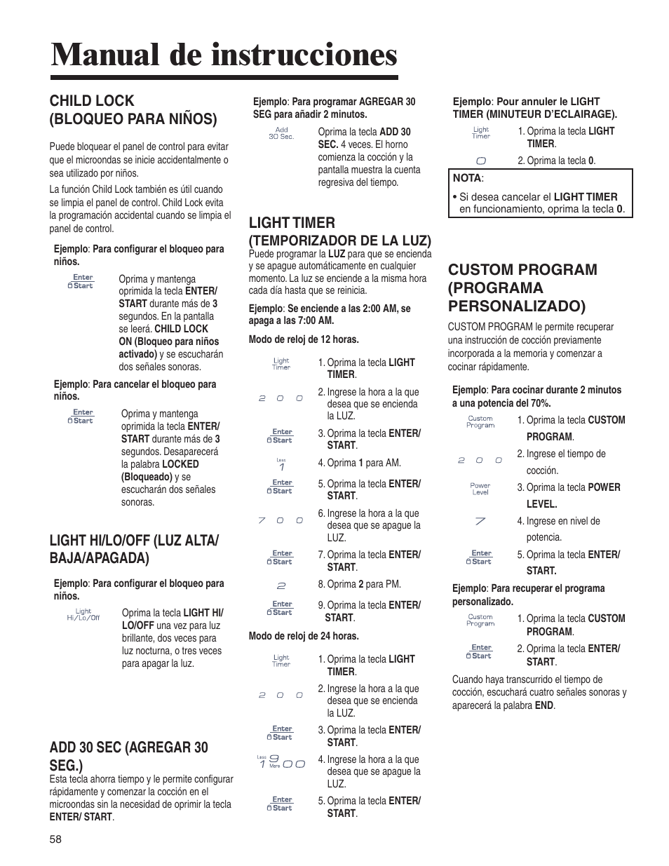 Manual de instrucciones, Child lock (bloqueo para niños), Light hi/lo/off (luz alta/ baja/apagada) | Add 30 sec (agregar 30 seg.), Light timer, Custom program (programa personalizado), Temporizador de la luz) | Amana AMV5164BA/BC User Manual | Page 58 / 72