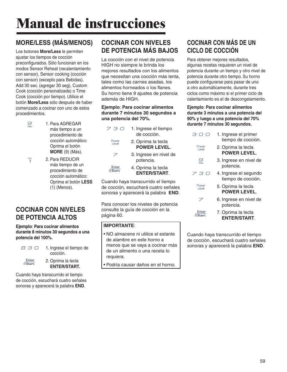 Manual de instrucciones, Cocinar con niveles de potencia más bajos, Cocinar con más de un ciclo de cocción | More/less (más/menos), Cocinar con niveles de potencia altos | Amana AMV5164BA/BC User Manual | Page 59 / 72