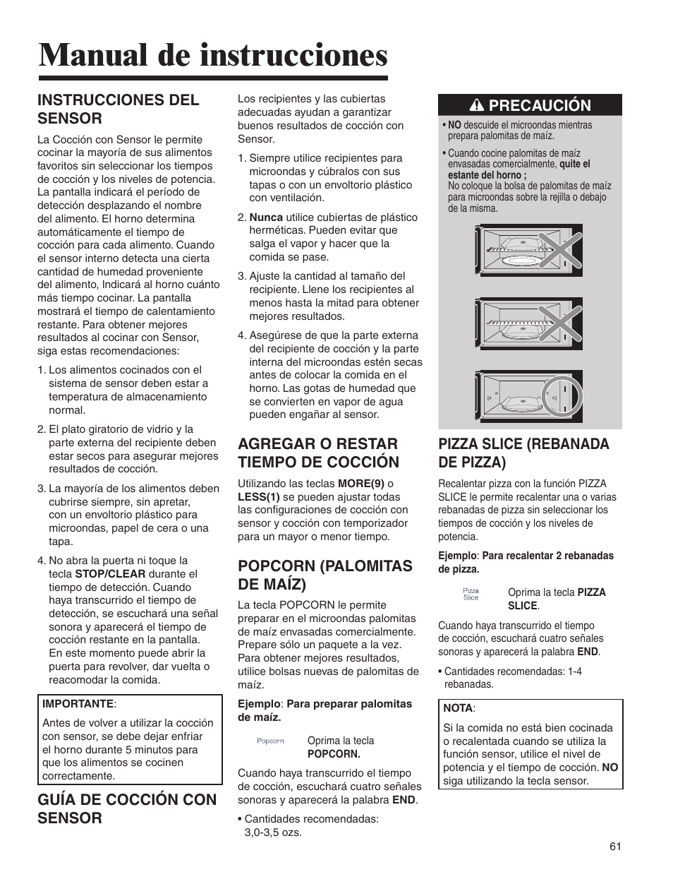 Manual de instrucciones, Instrucciones del sensor, Guía de cocción con sensor | Agregar o restar tiempo de cocción, Popcorn (palomitas de maíz), Precaución, Pizza slice (rebanada de pizza) | Amana AMV5164BA/BC User Manual | Page 61 / 72