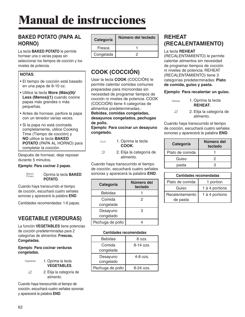 Manual de instrucciones, Baked potato (papa al horno), Vegetable (verduras) | Cook (cocción), Reheat (recalentamiento) | Amana AMV5164BA/BC User Manual | Page 62 / 72