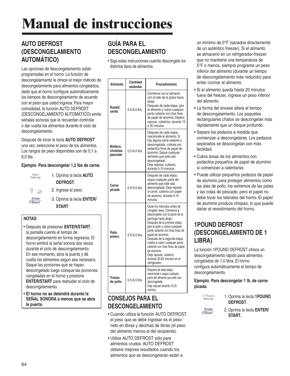 Manual de instrucciones, 1pound defrost (descongelamiento de 1 libra), Auto defrost (descongelamiento automático) | Guía para el descongelamiento, Consejos para el descongelamiento | Amana AMV5164BA/BC User Manual | Page 64 / 72