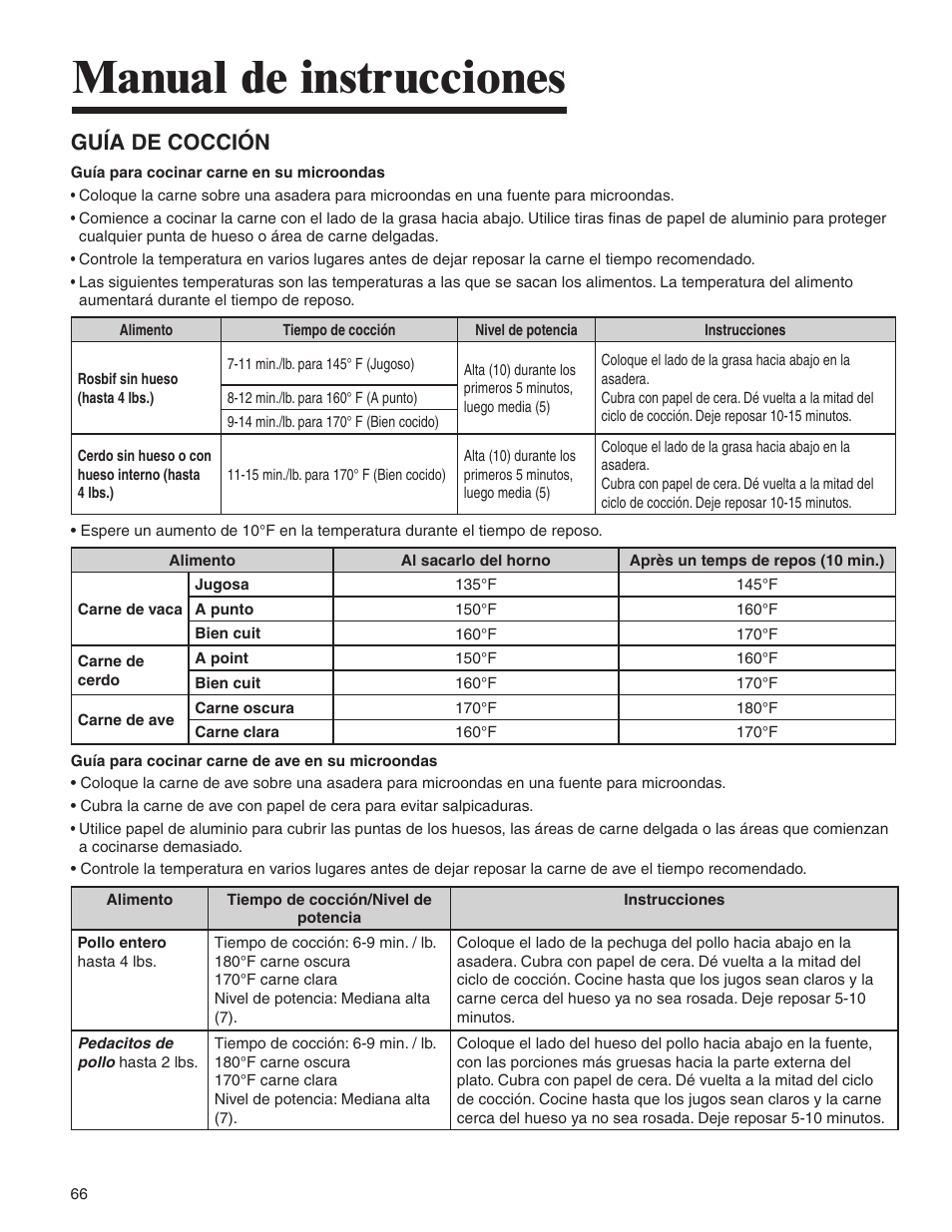 Manual de instrucciones, Guía de cocción | Amana AMV5164BA/BC User Manual | Page 66 / 72