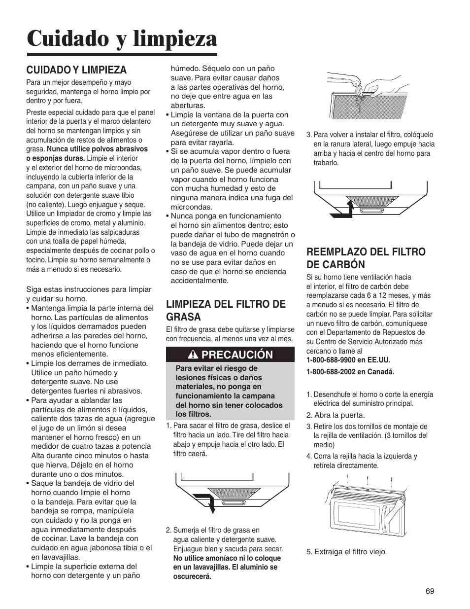 Cuidado y limpieza, Limpieza del filtro de grasa, Precaución | Reemplazo del filtro de carbón | Amana AMV5164BA/BC User Manual | Page 69 / 72