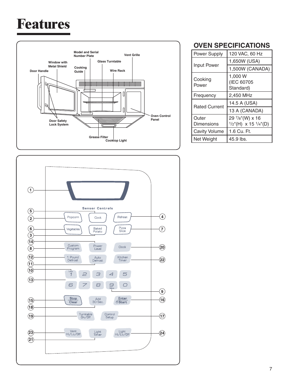 Features, Oven specifications | Amana AMV5164BA/BC User Manual | Page 7 / 72