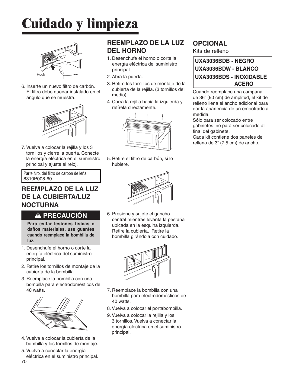 Cuidado y limpieza, Reemplazo de la luz del horno, Opcional | Amana AMV5164BA/BC User Manual | Page 70 / 72