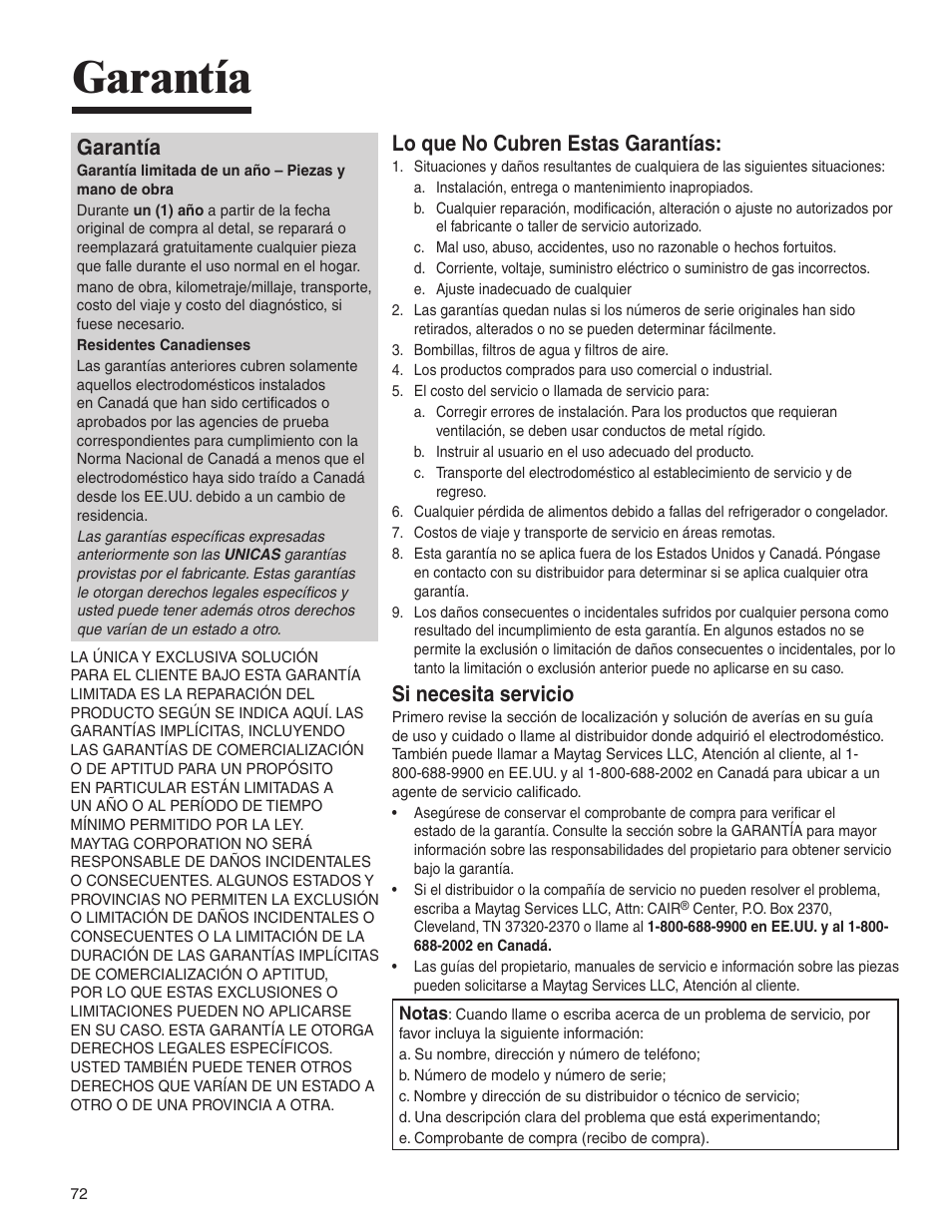 Garantía, Lo que no cubren estas garantías, Si necesita servicio | Amana AMV5164BA/BC User Manual | Page 72 / 72