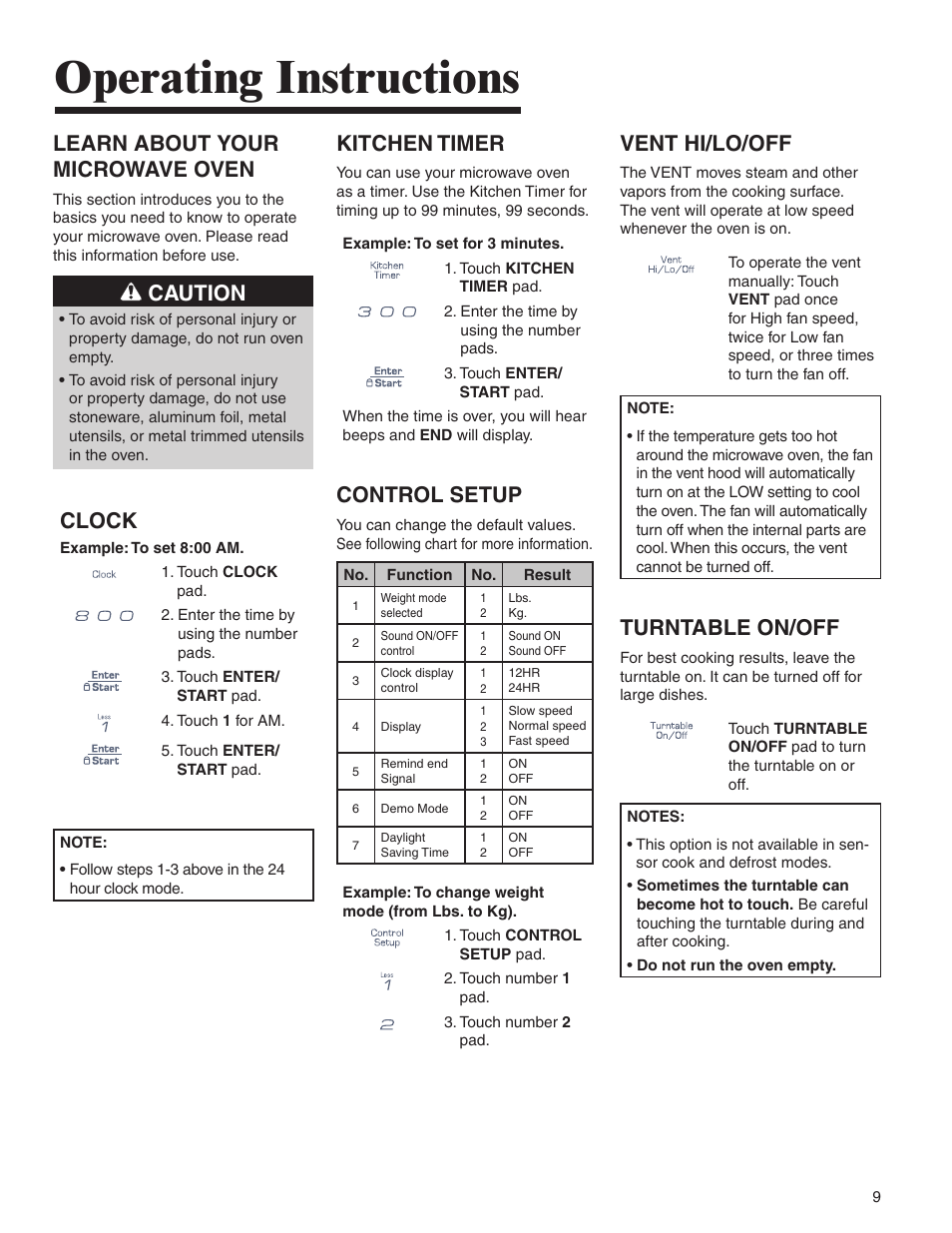 Operating instructions, Learn about your microwave oven, Caution | Clock, Kitchen timer, Control setup, Vent hi/lo/off, Turntable on/off | Amana AMV5164BA/BC User Manual | Page 9 / 72