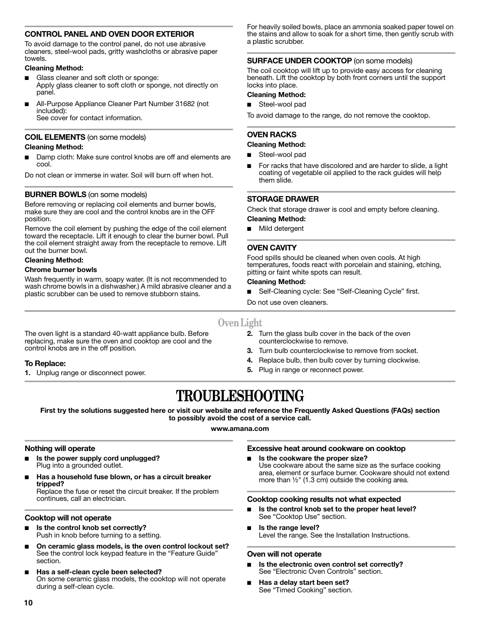 Troubleshooting, Oven light | Amana W103209878 User Manual | Page 10 / 12