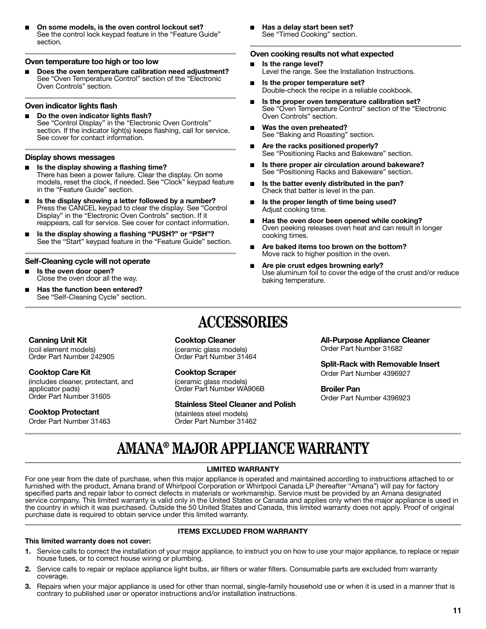 Accessories amana, Major appliance warranty | Amana W103209878 User Manual | Page 11 / 12