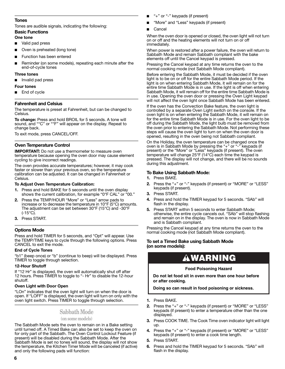 Warning, Sabbath mode | Amana W103209878 User Manual | Page 6 / 12