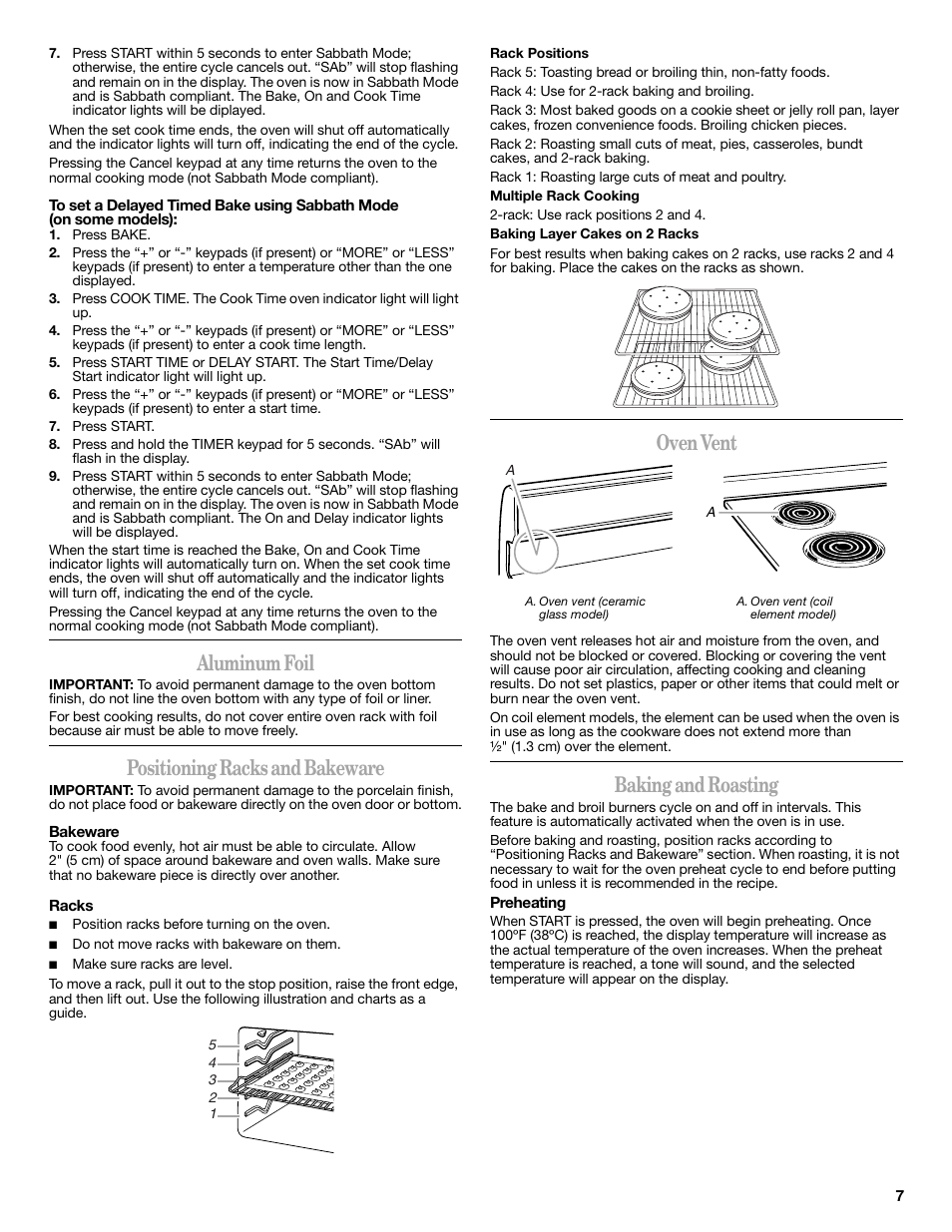 Aluminum foil, Positioning racks and bakeware, Oven vent | Baking and roasting | Amana W103209878 User Manual | Page 7 / 12