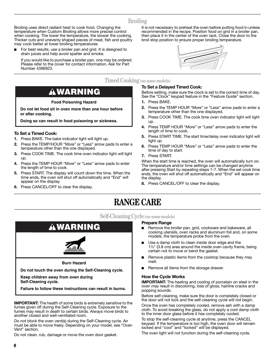 Range care, Warning, Broiling | Timed cooking, Self-cleaning cycle | Amana W103209878 User Manual | Page 8 / 12