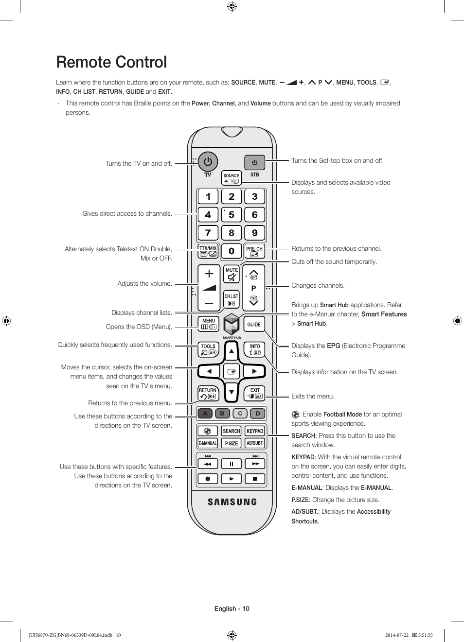 Remote control | Samsung UE55H6870SS User Manual | Page 10 / 81