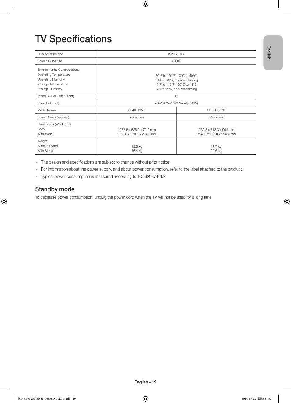 10 specifications and other information, Tv specifications, Standby mode | Samsung UE55H6870SS User Manual | Page 19 / 81