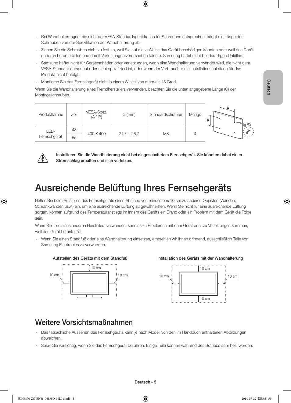 Ausreichende belüftung ihres fernsehgeräts, Weitere vorsichtsmaßnahmen | Samsung UE55H6870SS User Manual | Page 25 / 81