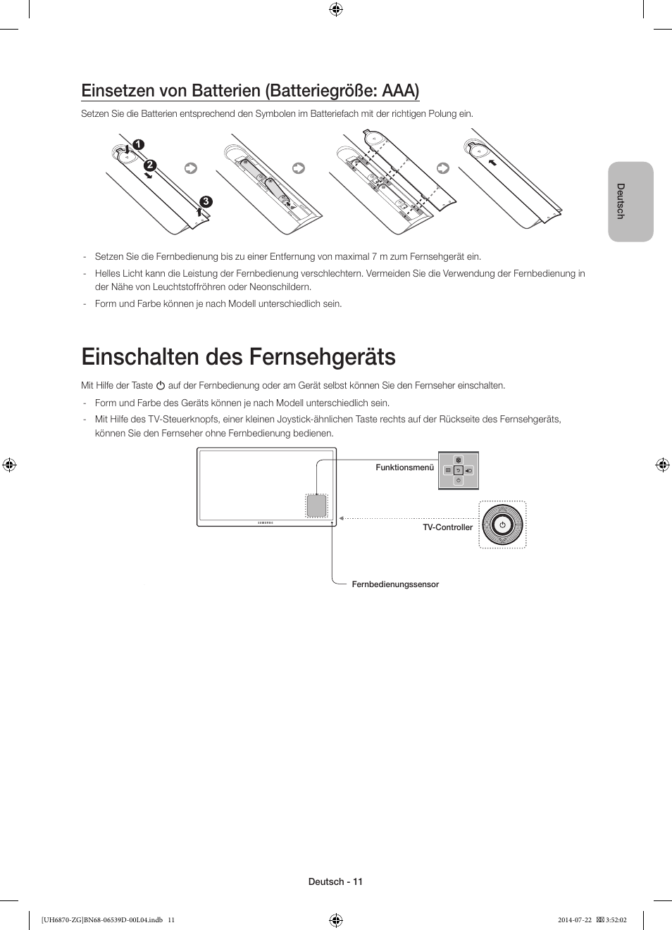 Einschalten des fernsehgeräts, Einsetzen von batterien (batteriegröße: aaa) | Samsung UE55H6870SS User Manual | Page 31 / 81