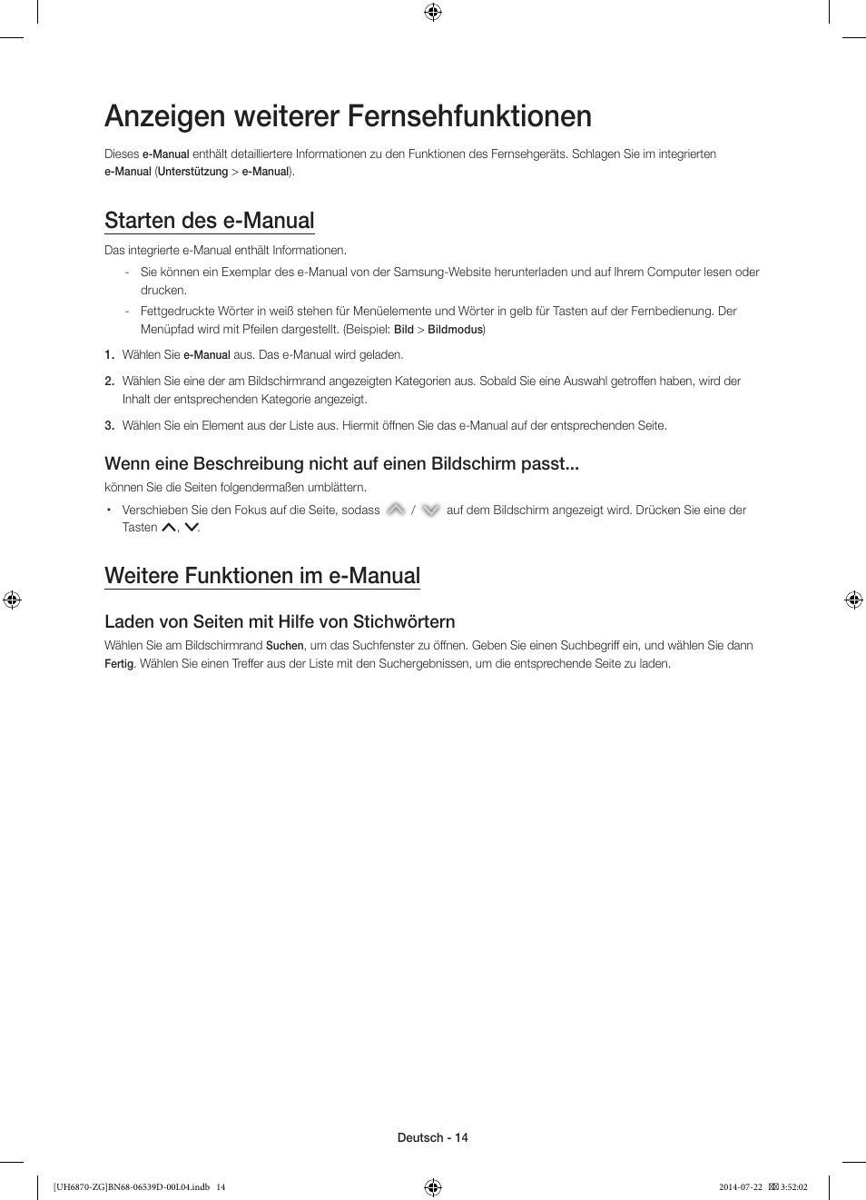 Anzeigen weiterer fernsehfunktionen, Starten des e-manual, Weitere funktionen im e-manual | Laden von seiten mit hilfe von stichwörtern | Samsung UE55H6870SS User Manual | Page 34 / 81