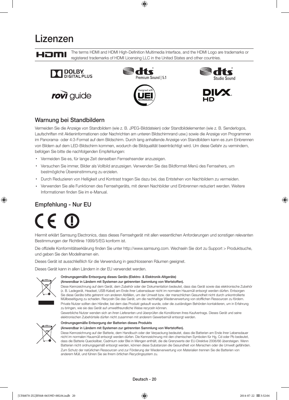Lizenzen, Warnung bei standbildern, Empfehlung - nur eu | Samsung UE55H6870SS User Manual | Page 40 / 81