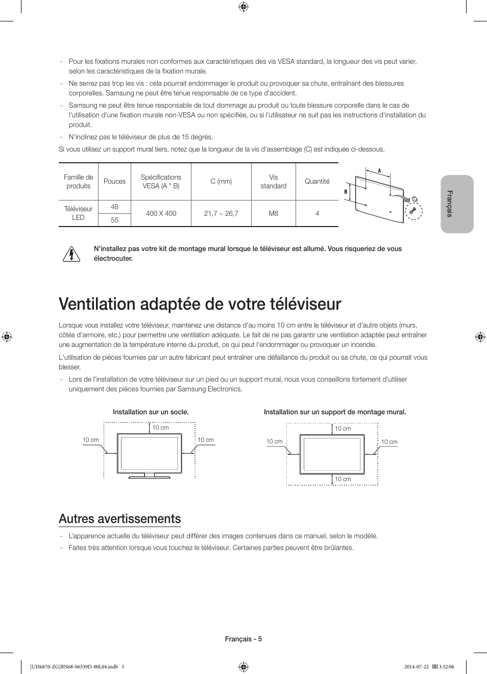 Ventilation adaptée de votre téléviseur, Autres avertissements | Samsung UE55H6870SS User Manual | Page 45 / 81