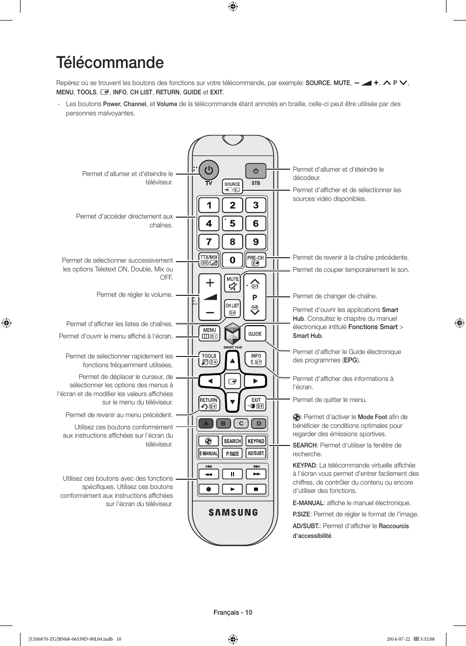 Télécommande | Samsung UE55H6870SS User Manual | Page 50 / 81