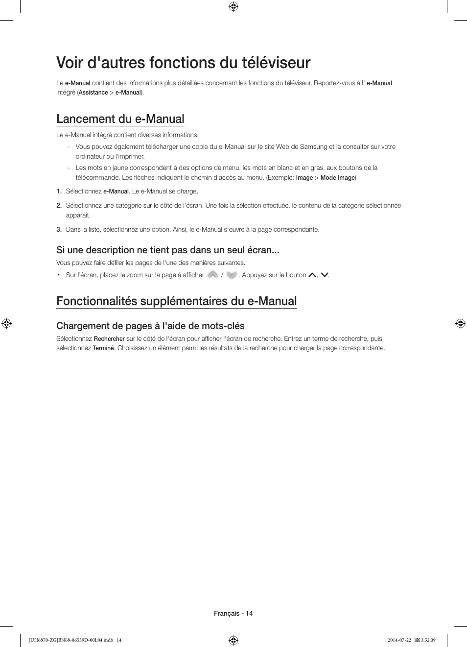 Voir d'autres fonctions du téléviseur, Lancement du e-manual, Fonctionnalités supplémentaires du e-manual | Si une description ne tient pas dans un seul écran, Chargement de pages à l'aide de mots-clés | Samsung UE55H6870SS User Manual | Page 54 / 81