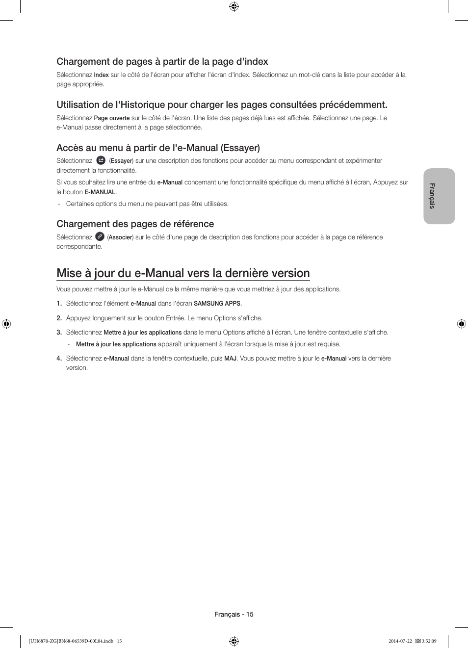 Mise à jour du e-manual vers la dernière version, Chargement de pages à partir de la page d'index, Accès au menu à partir de l'e-manual (essayer) | Chargement des pages de référence | Samsung UE55H6870SS User Manual | Page 55 / 81