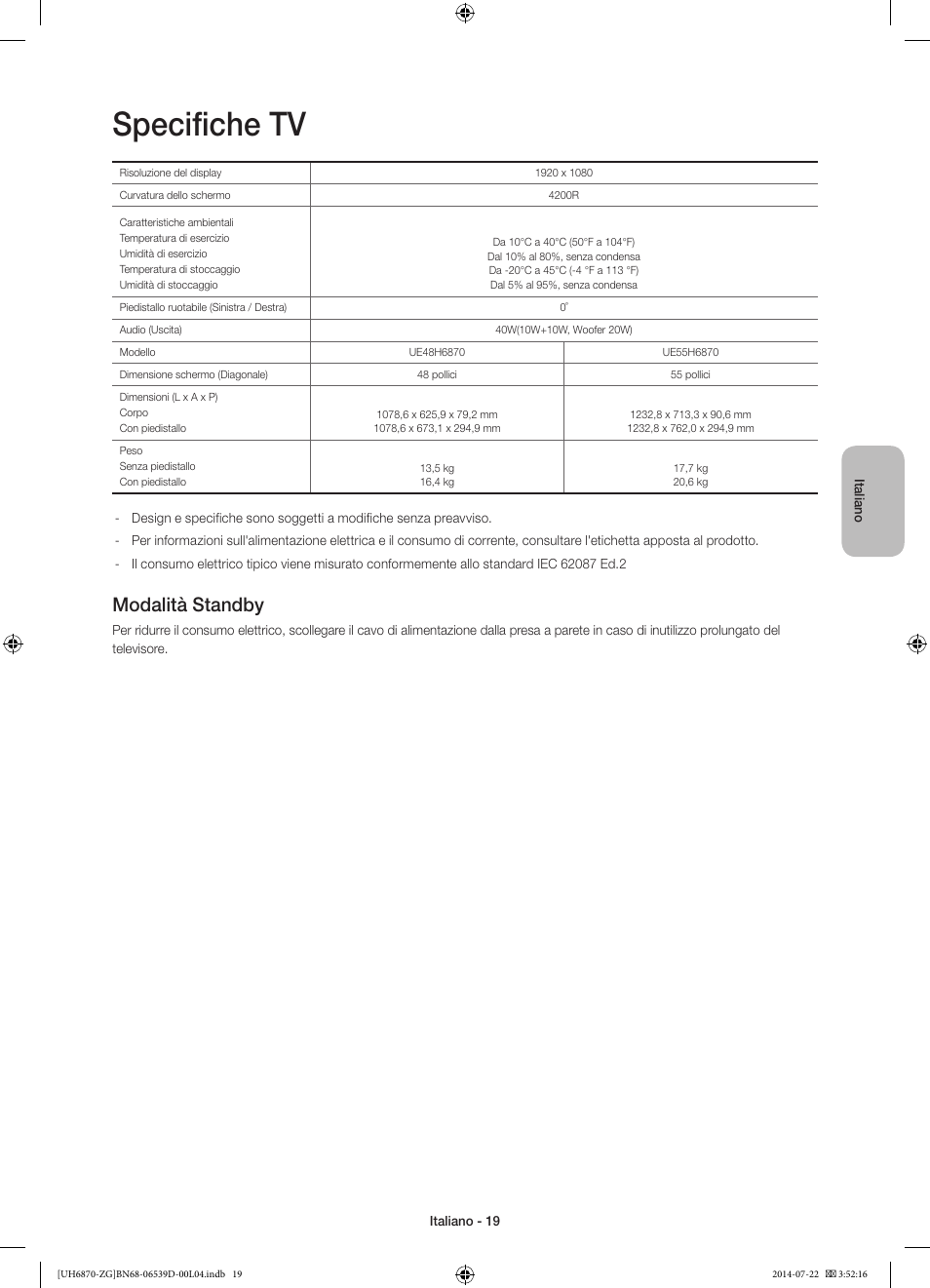 Specifiche tv, Modalità standby | Samsung UE55H6870SS User Manual | Page 79 / 81