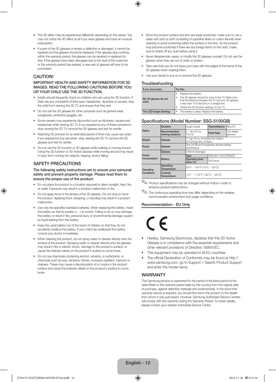 Caution, Safety precautions, Troubleshooting | Specifications (model number: ssg-5100gb), Warranty, English - 12 | Samsung UE60F6170SS User Manual | Page 12 / 83