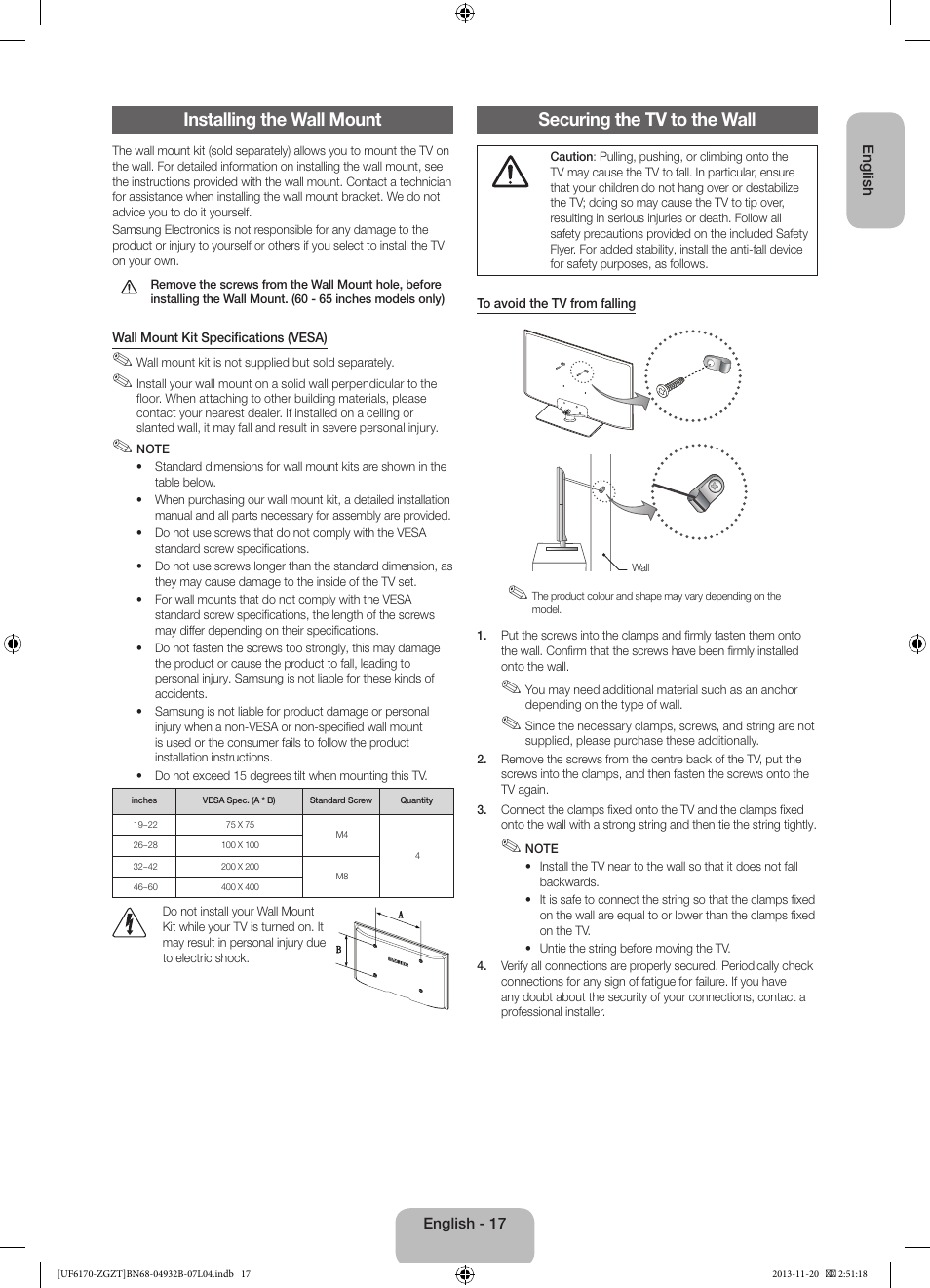 Installing the wall mount, Securing the tv to the wall | Samsung UE60F6170SS User Manual | Page 17 / 83