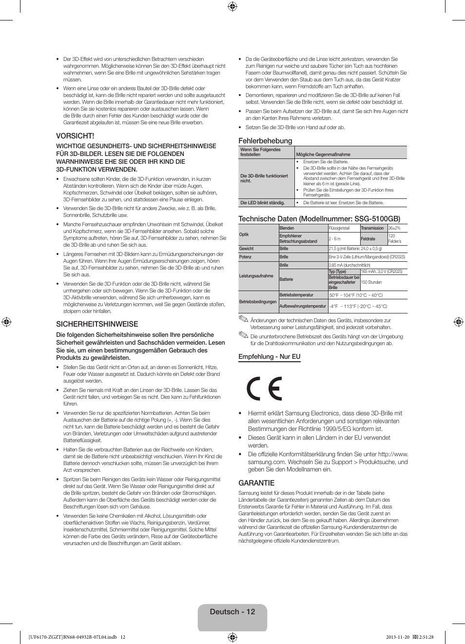 Vorsicht, Sicherheitshinweise, Fehlerbehebung | Technische daten (modellnummer: ssg-5100gb), Garantie, Deutsch - 12 | Samsung UE60F6170SS User Manual | Page 32 / 83