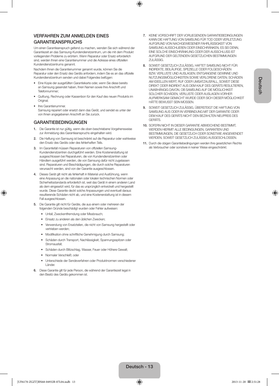 Garantiebedingungen, Deutsch - 13 | Samsung UE60F6170SS User Manual | Page 33 / 83