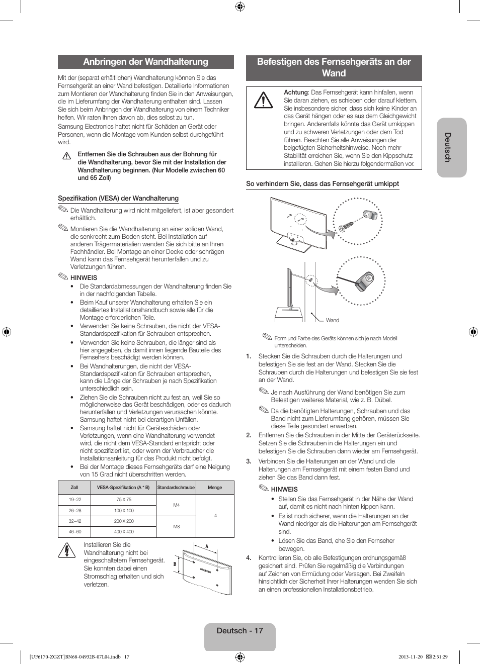 Anbringen der wandhalterung, Befestigen des fernsehgeräts an der wand | Samsung UE60F6170SS User Manual | Page 37 / 83