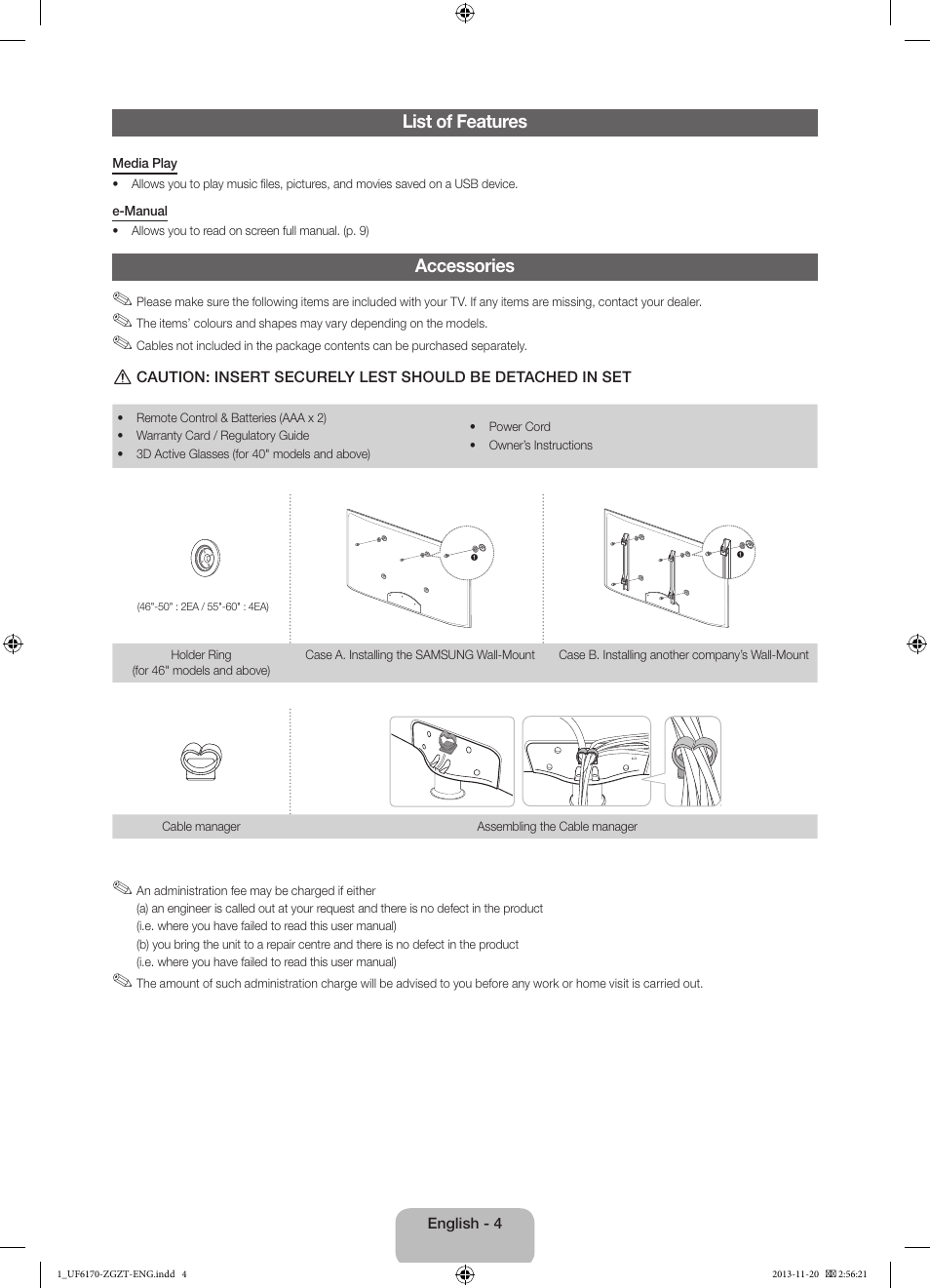 List of features, Accessories | Samsung UE60F6170SS User Manual | Page 4 / 83