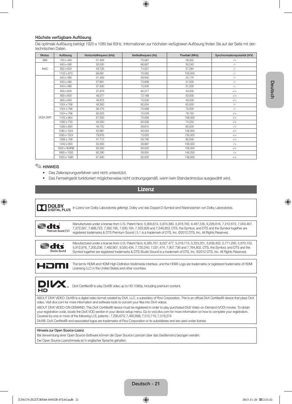 Lizenz, Deutsch, Deutsch - 21 | Samsung UE60F6170SS User Manual | Page 41 / 83