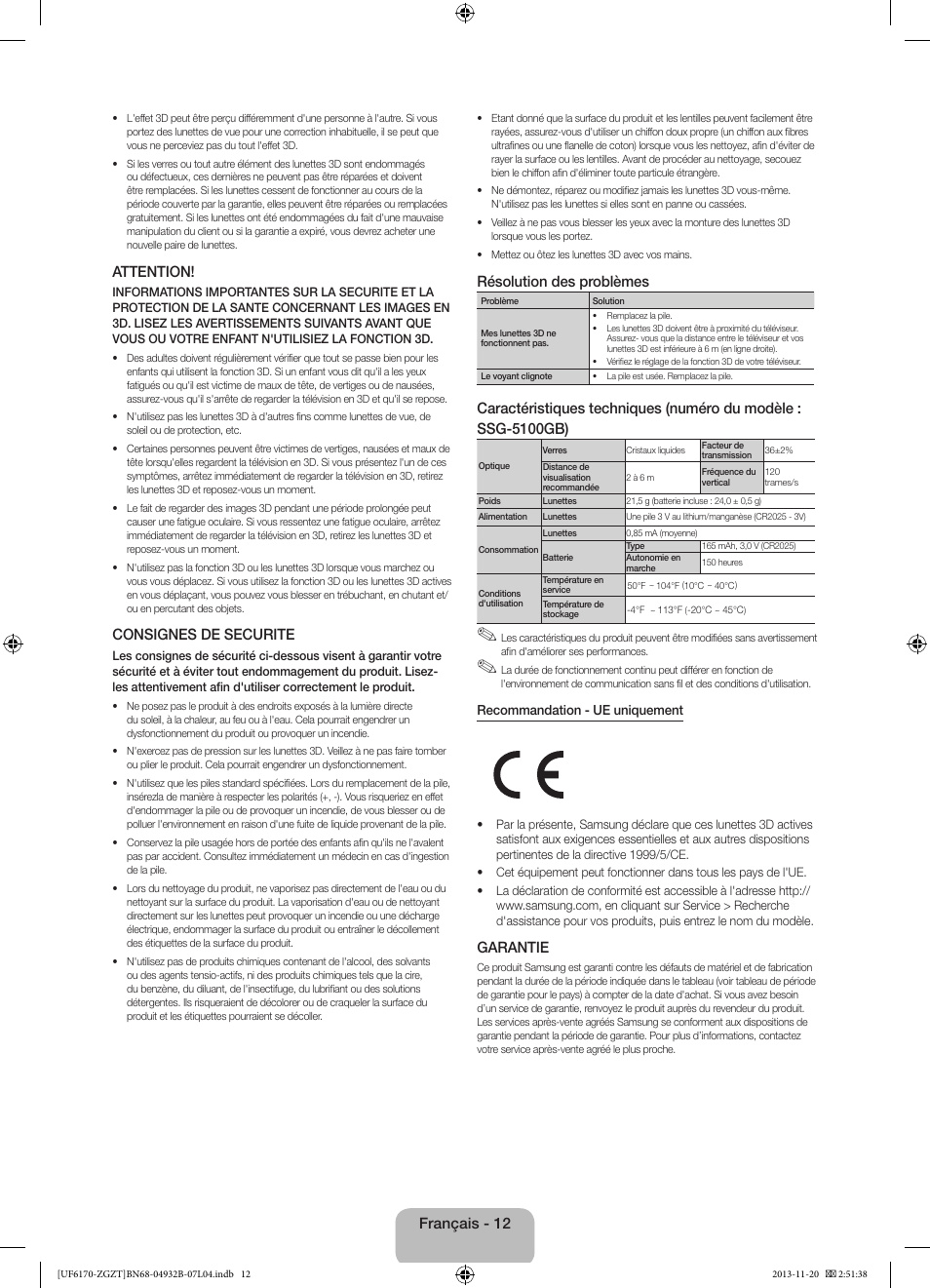 Attention, Consignes de securite, Résolution des problèmes | Garantie, Français - 12 | Samsung UE60F6170SS User Manual | Page 52 / 83