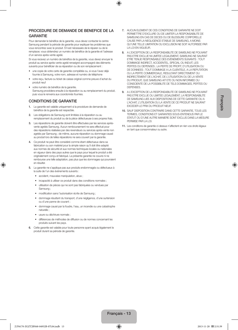 Conditions de garantie, Français - 13 | Samsung UE60F6170SS User Manual | Page 53 / 83