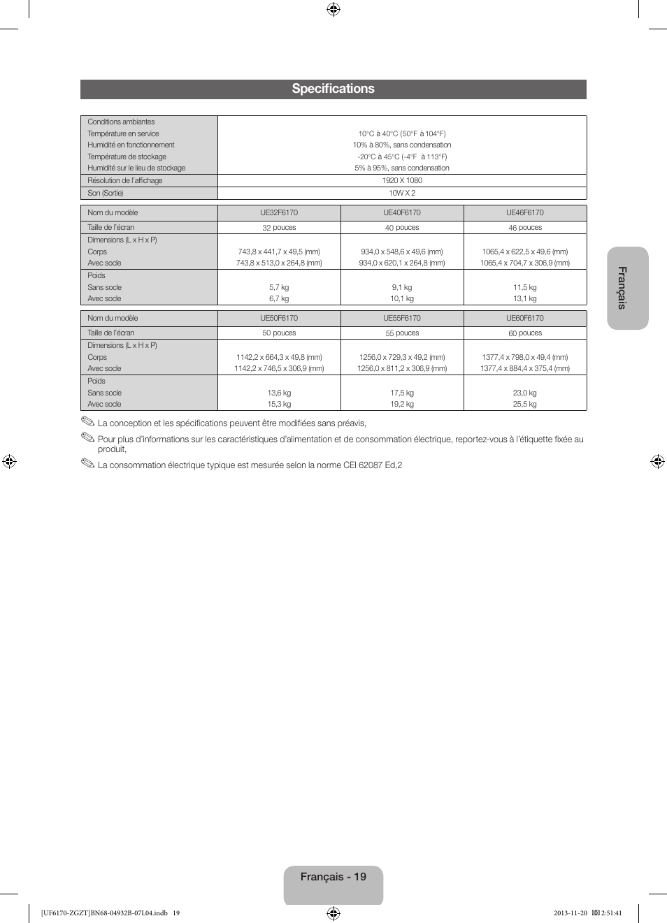 Specifications | Samsung UE60F6170SS User Manual | Page 59 / 83