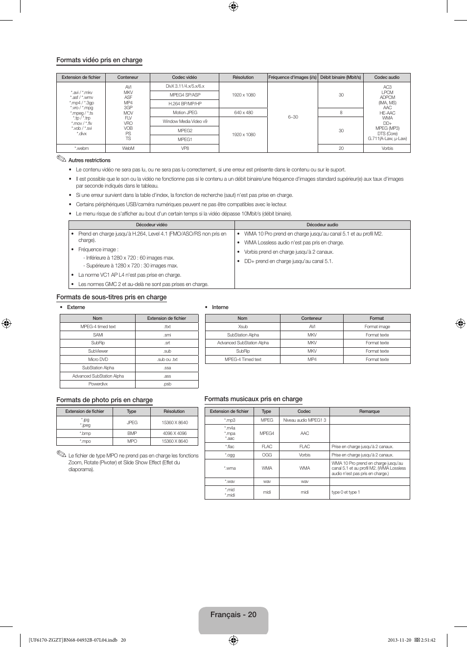 Français - 20 | Samsung UE60F6170SS User Manual | Page 60 / 83