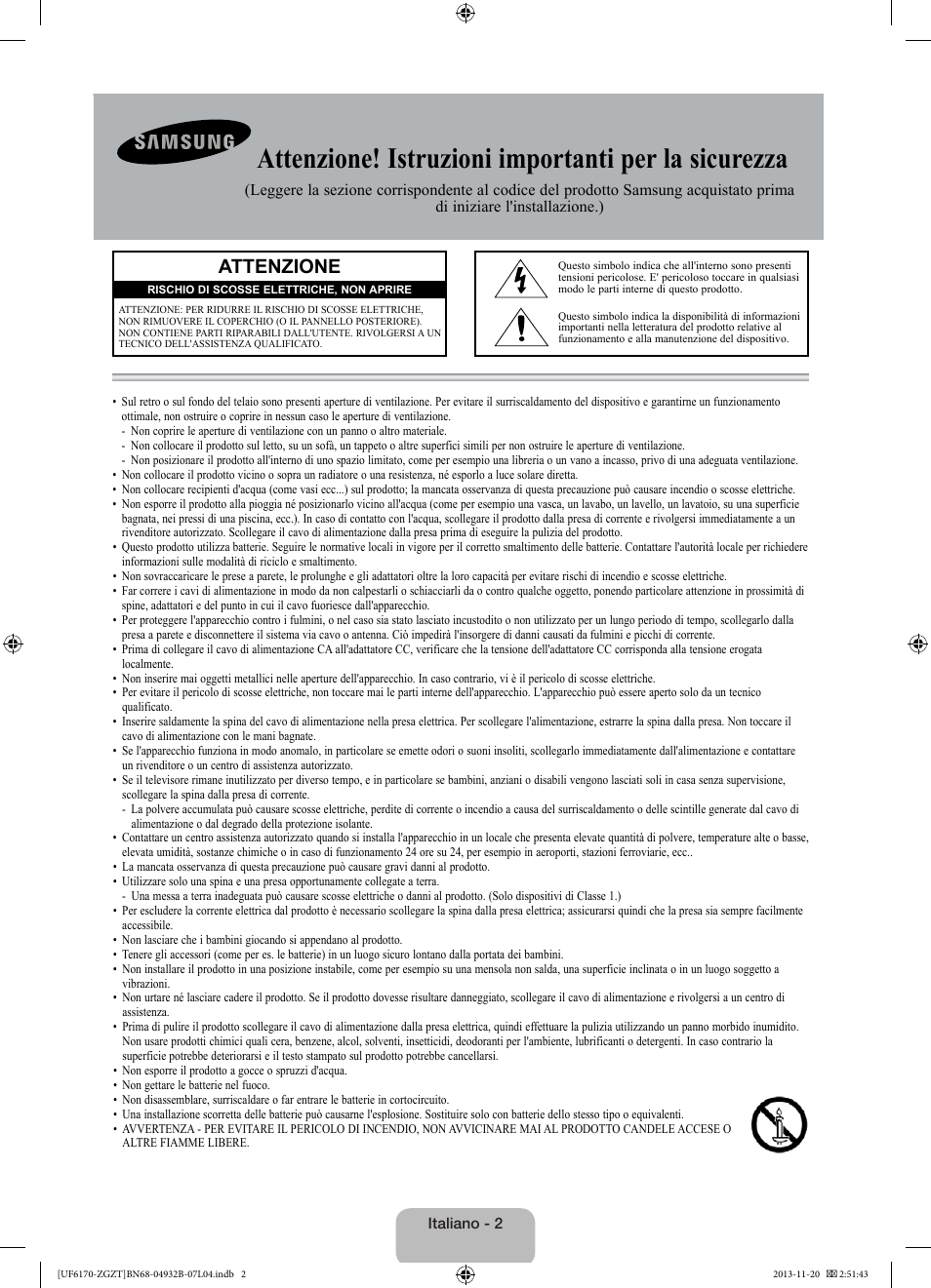 Attenzione! istruzioni importanti per la sicurezza, Attenzione | Samsung UE60F6170SS User Manual | Page 62 / 83