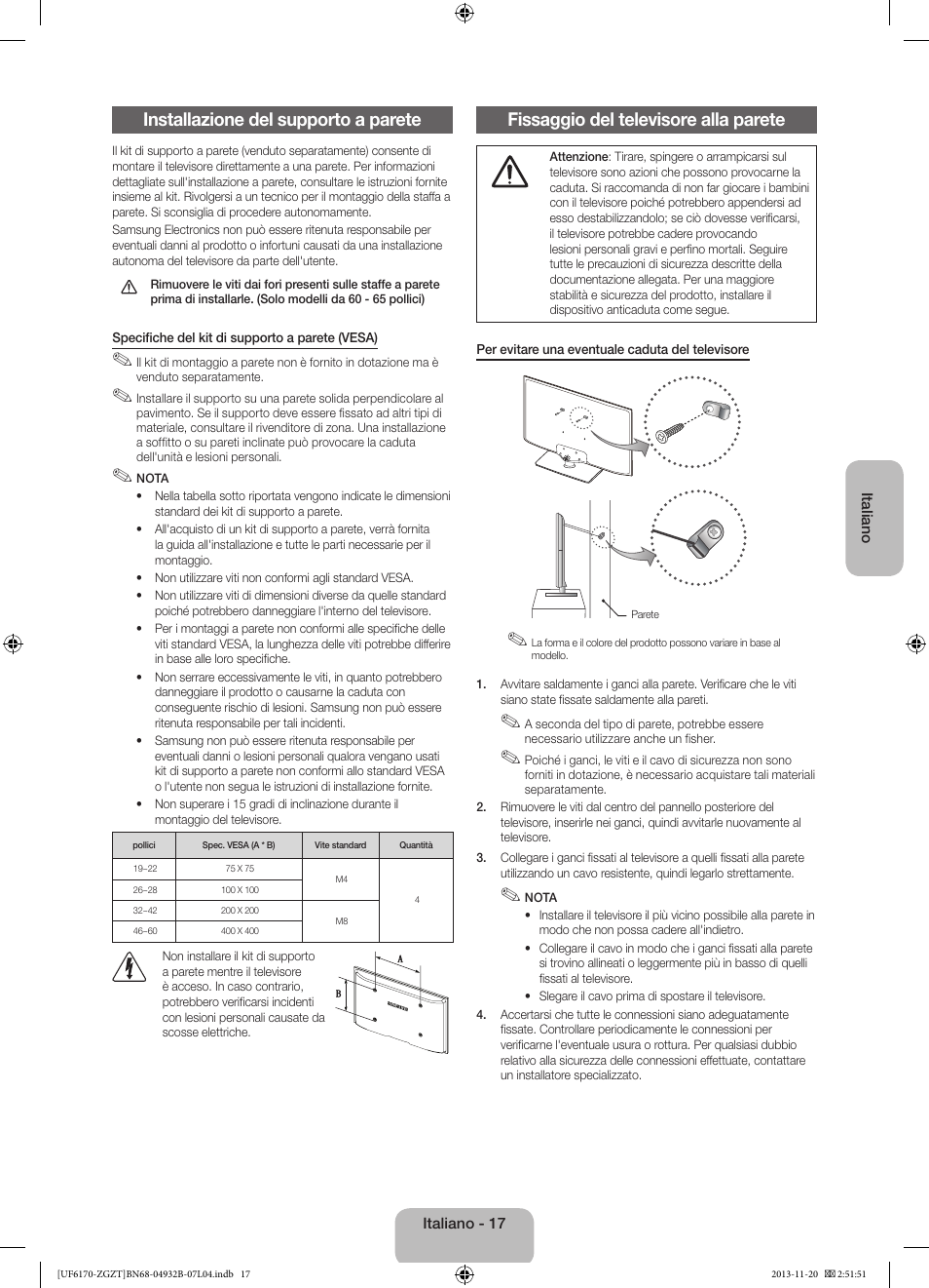 Installazione del supporto a parete, Fissaggio del televisore alla parete | Samsung UE60F6170SS User Manual | Page 77 / 83