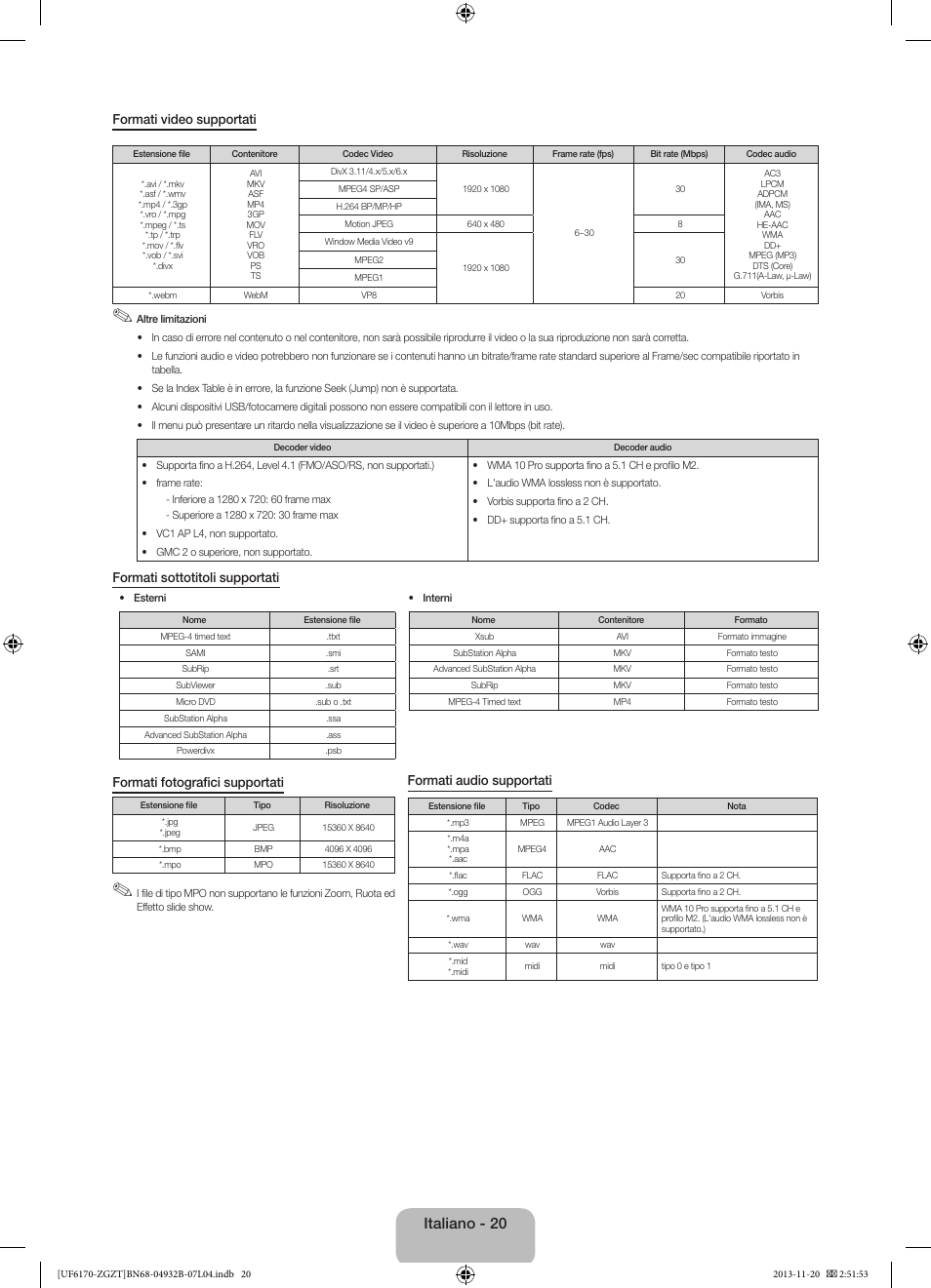 Italiano - 20 | Samsung UE60F6170SS User Manual | Page 80 / 83