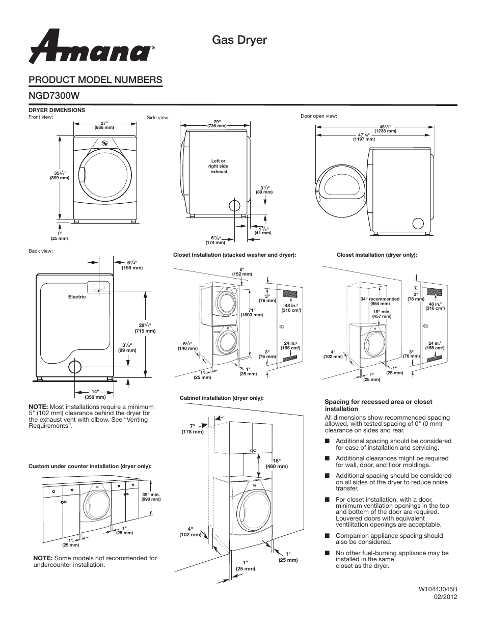 Amana NGD7300W User Manual | 2 pages