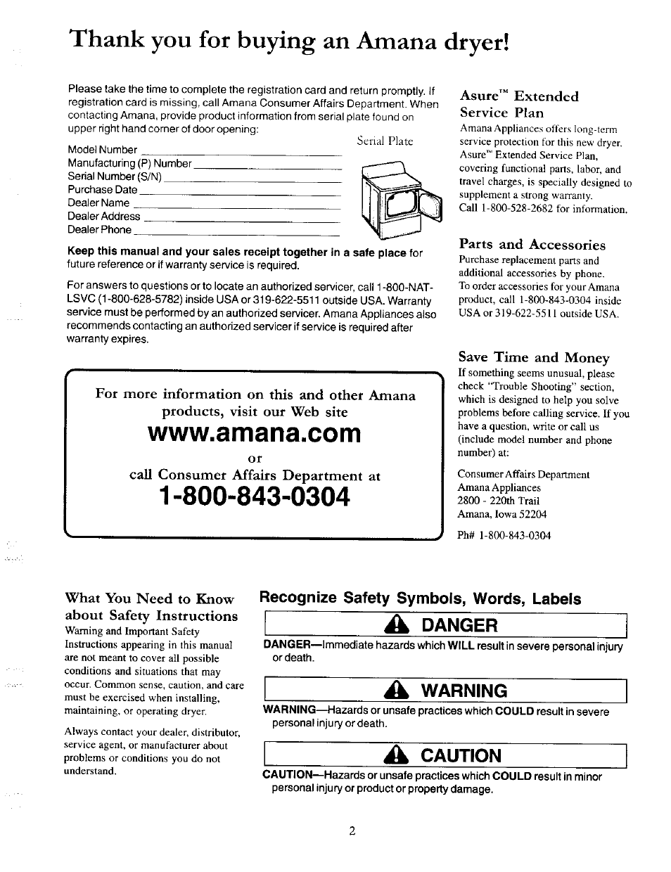 Thank you for buying an amana dryer, Á danger, A warning | A caution | Amana 40086001 User Manual | Page 2 / 12