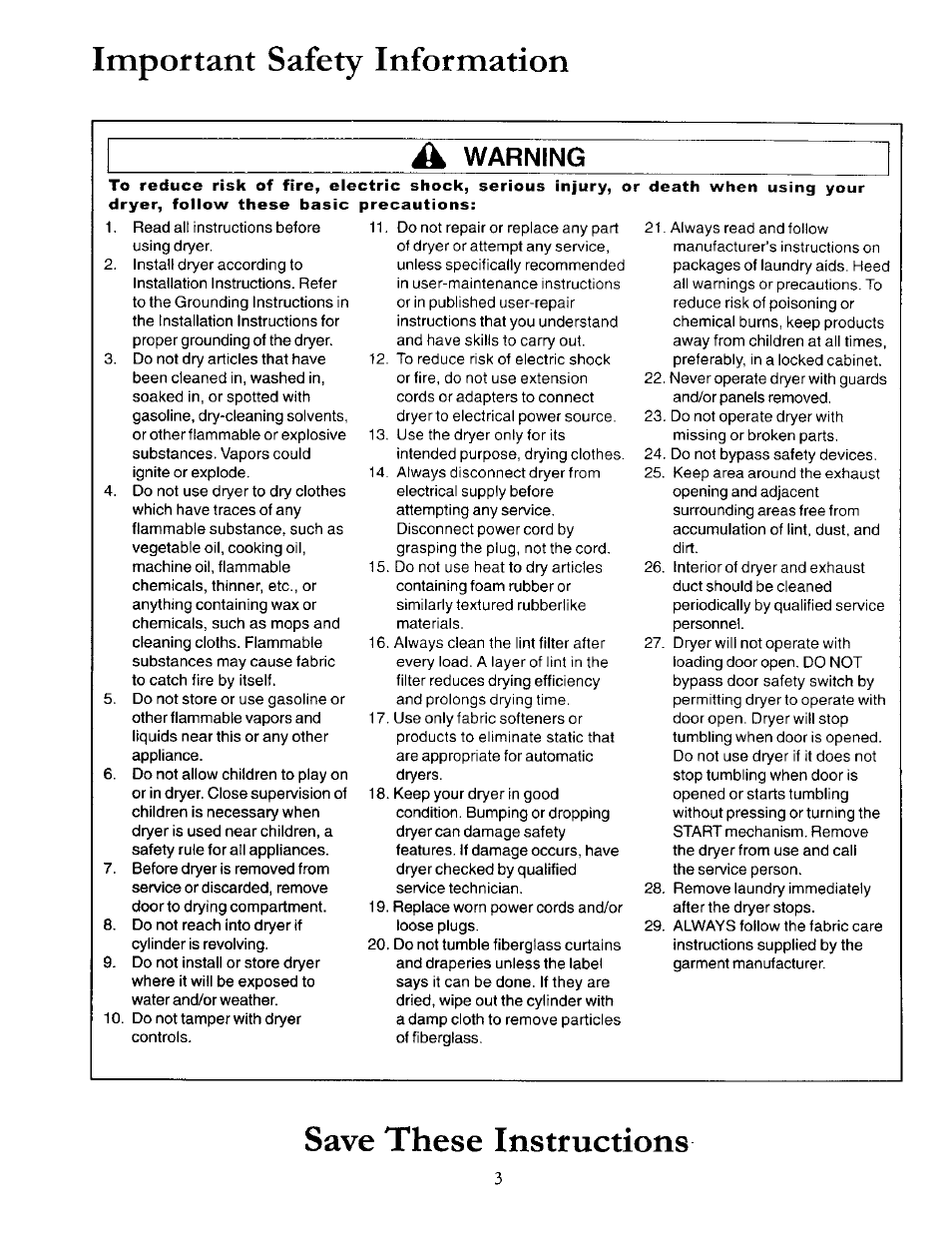 Important safety information, Save these instructions, Â warning | Amana 40086001 User Manual | Page 3 / 12