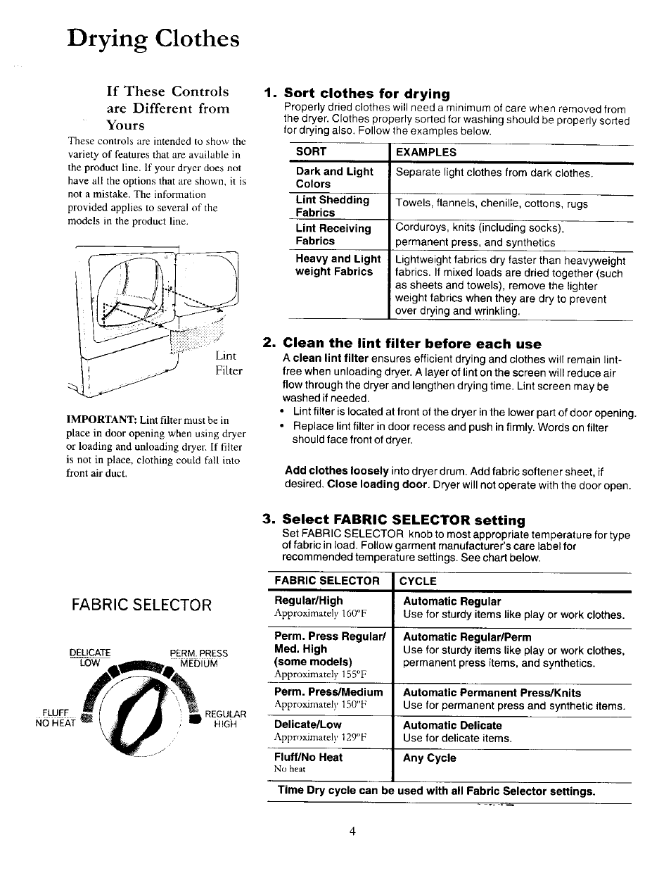 Drying clothes, Clean the lint filter before each use, Select fabric selector setting | If these controls are different from yours, Fabric selector | Amana 40086001 User Manual | Page 4 / 12