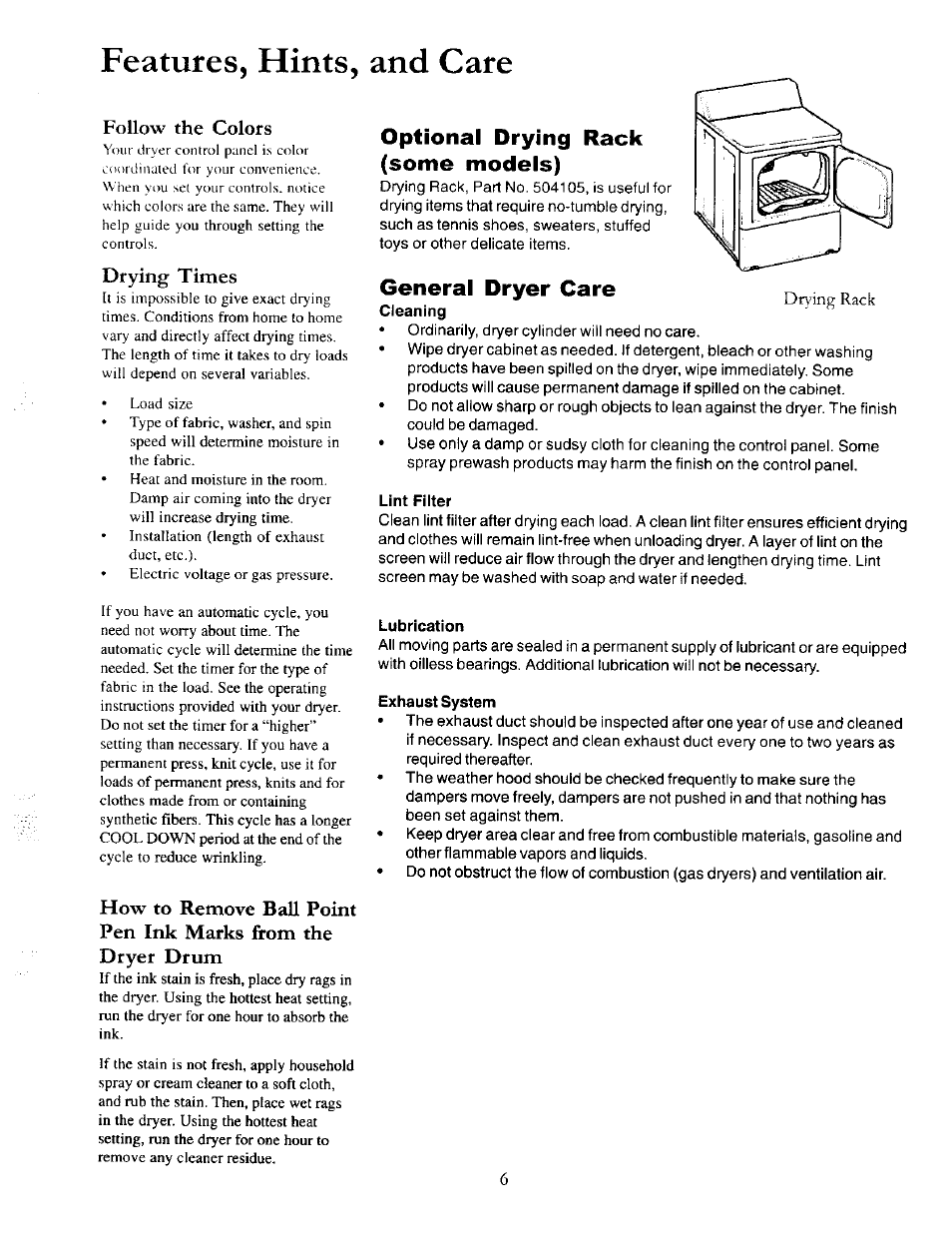 Features, hints, and care, Follow the colors, Drying times | Optional drying rack (some models), General dryer care | Amana 40086001 User Manual | Page 6 / 12