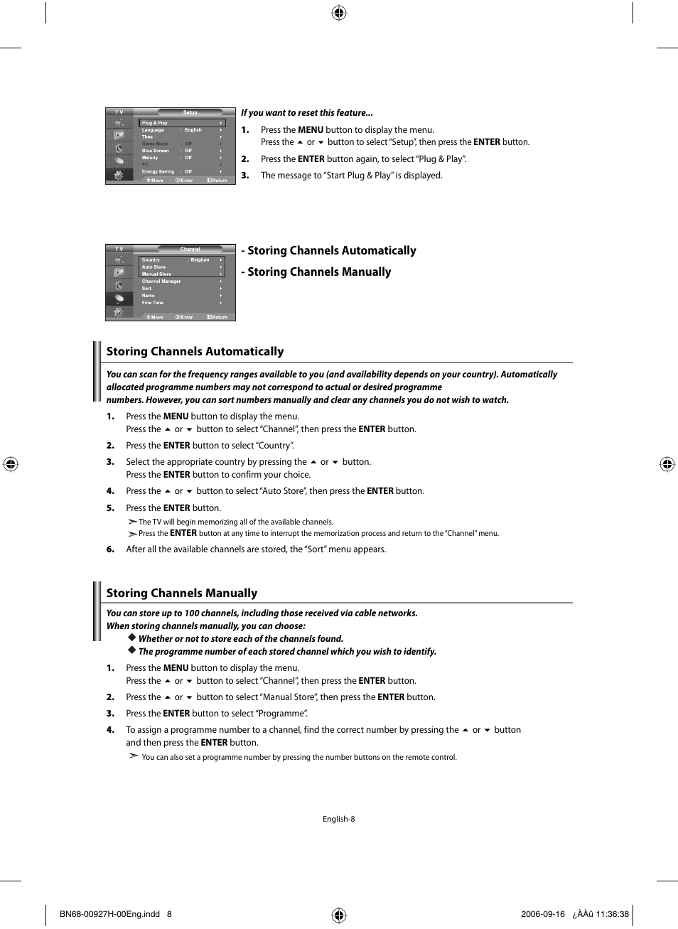Setting the channels, Storing channels automatically, Storing channels manually | Samsung LE32R32B User Manual | Page 10 / 187