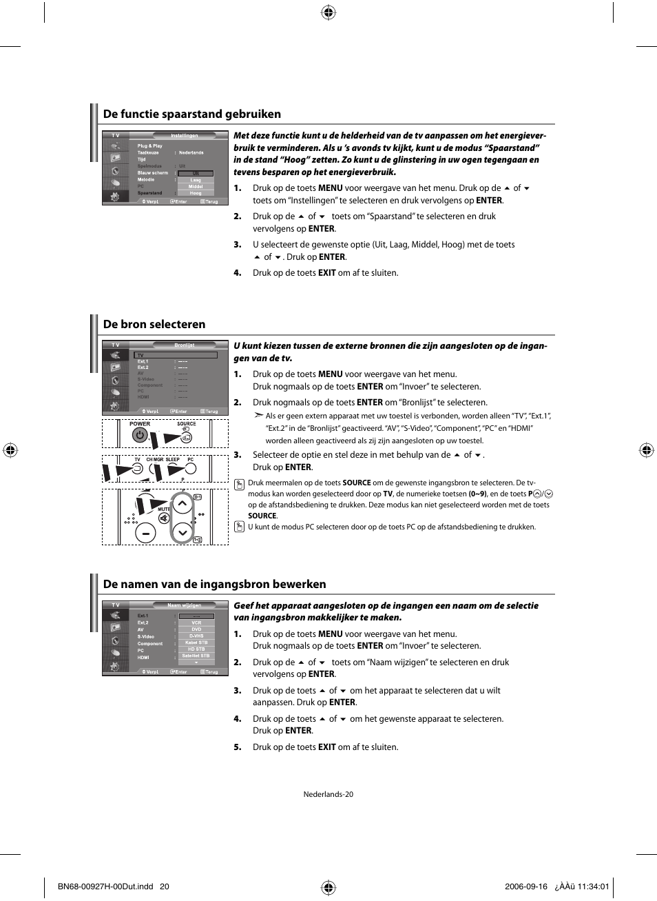 De functie spaarstand gebruiken, De bron selecteren, De namen van de ingangsbron bewerken | Samsung LE32R32B User Manual | Page 100 / 187
