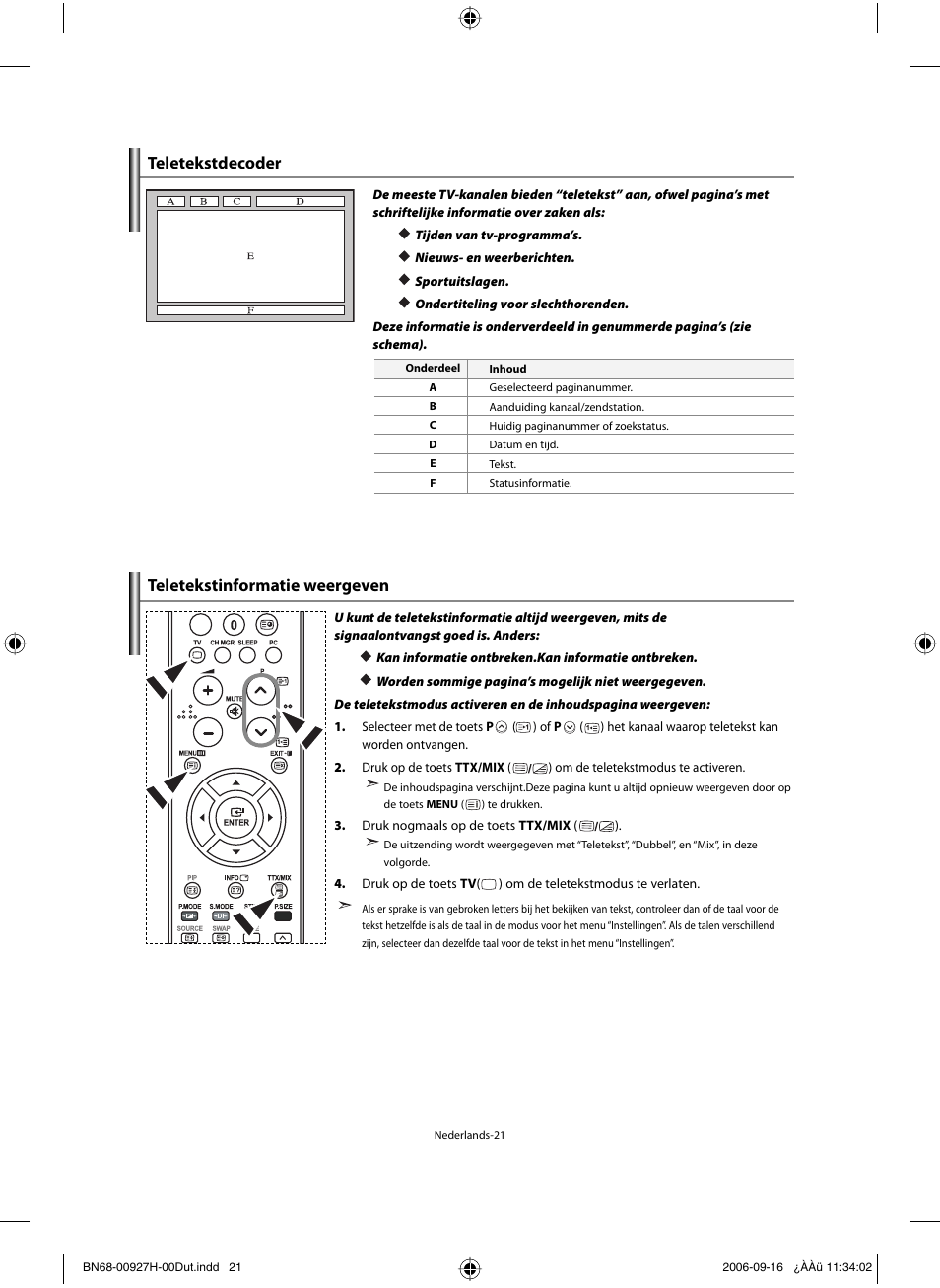 Teletekstdecoder, Teletekstinformatie weergeven | Samsung LE32R32B User Manual | Page 101 / 187
